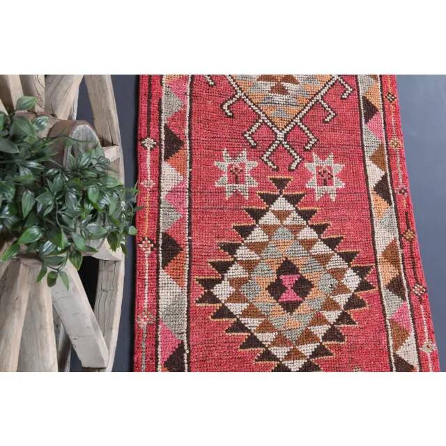 Vintage Turkish Oushak Handmade Wool Cotton Pink Runner Rug 86x362