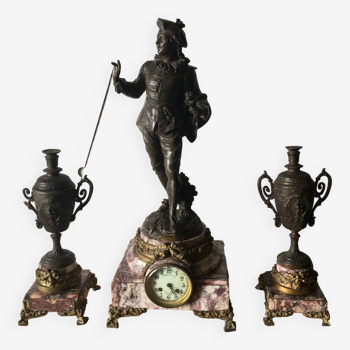 Important clock and 2 cassolettes with sculpture by Bruchon 19th century