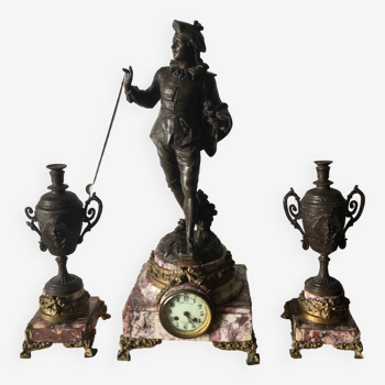Importante pendule et 2 cassolettes avec sculpture de Bruchon XIX°