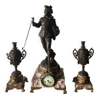Important clock and 2 cassolettes with sculpture by Bruchon 19th century