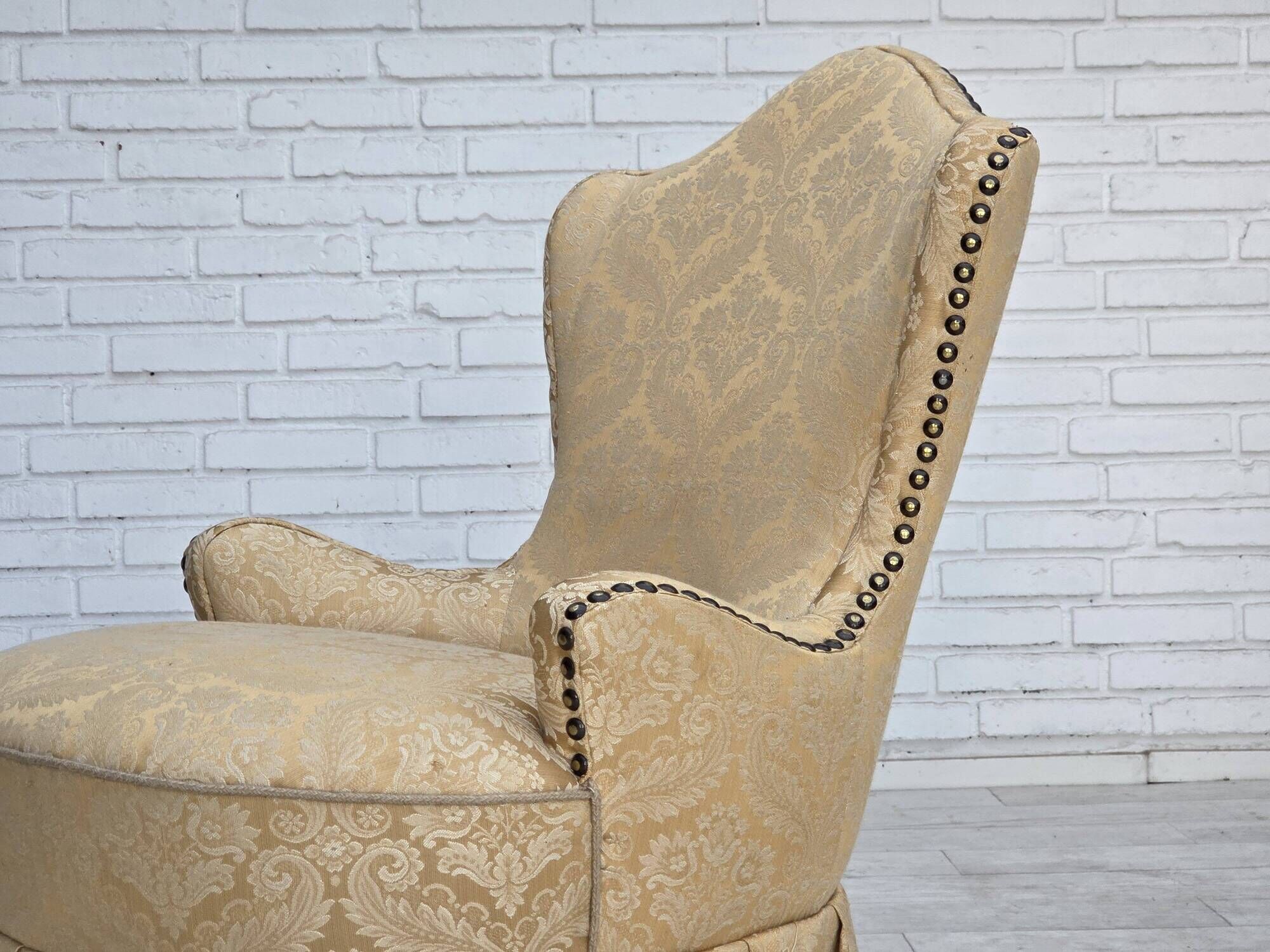 1960s, Danish cocktail lounge chair, jacquard fabric, beech wood.