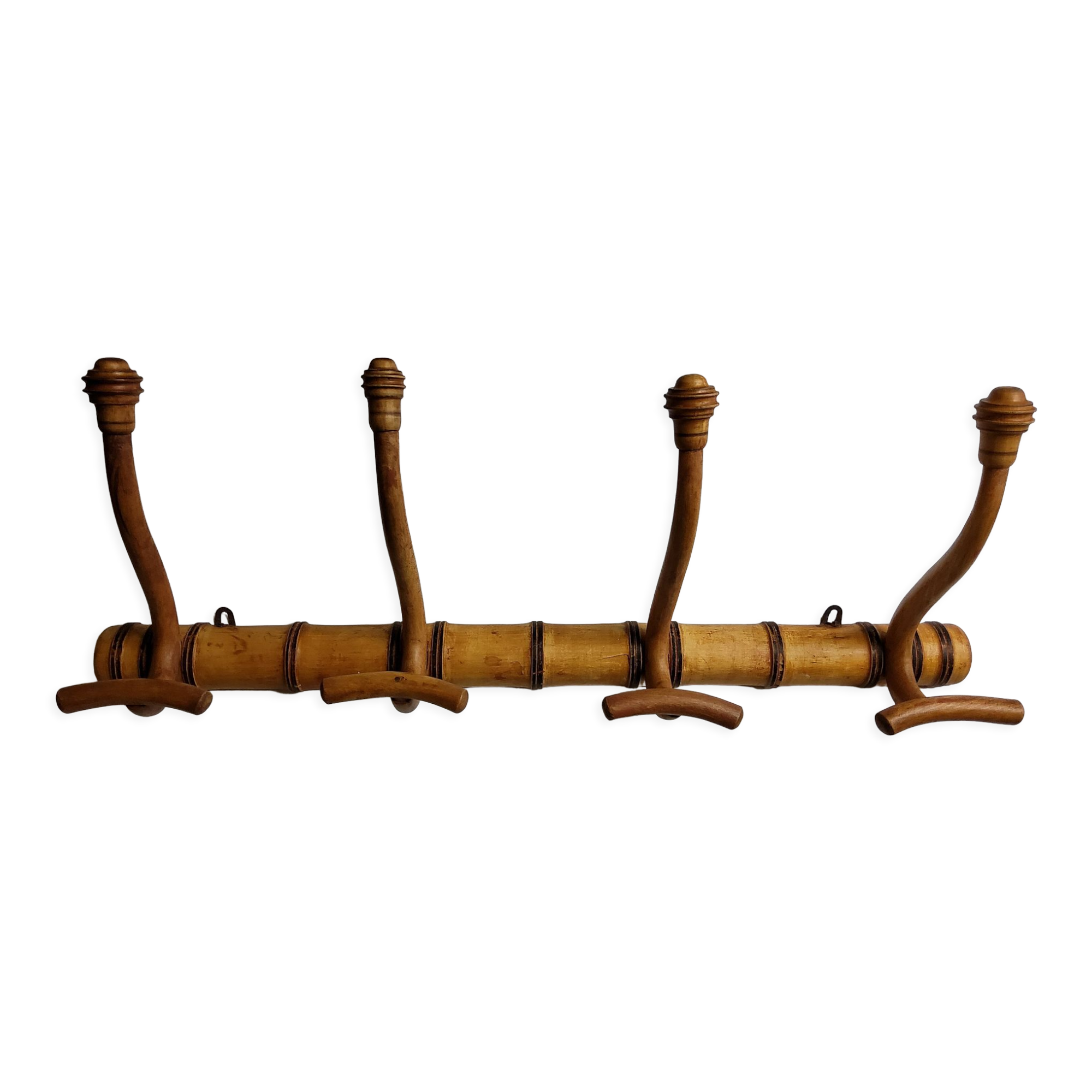 Portemanteau en bois tourné à l'imitation du bambou, 4 patères, 73 cm