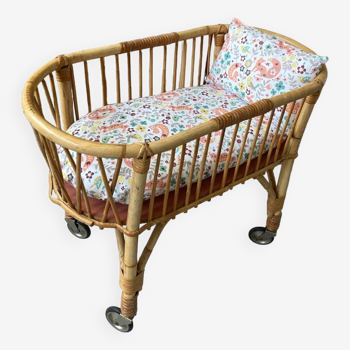 60s doll rattan cradle on wheels