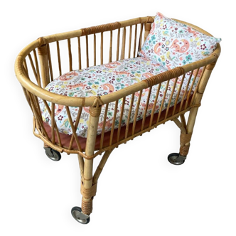 60s doll rattan cradle on wheels