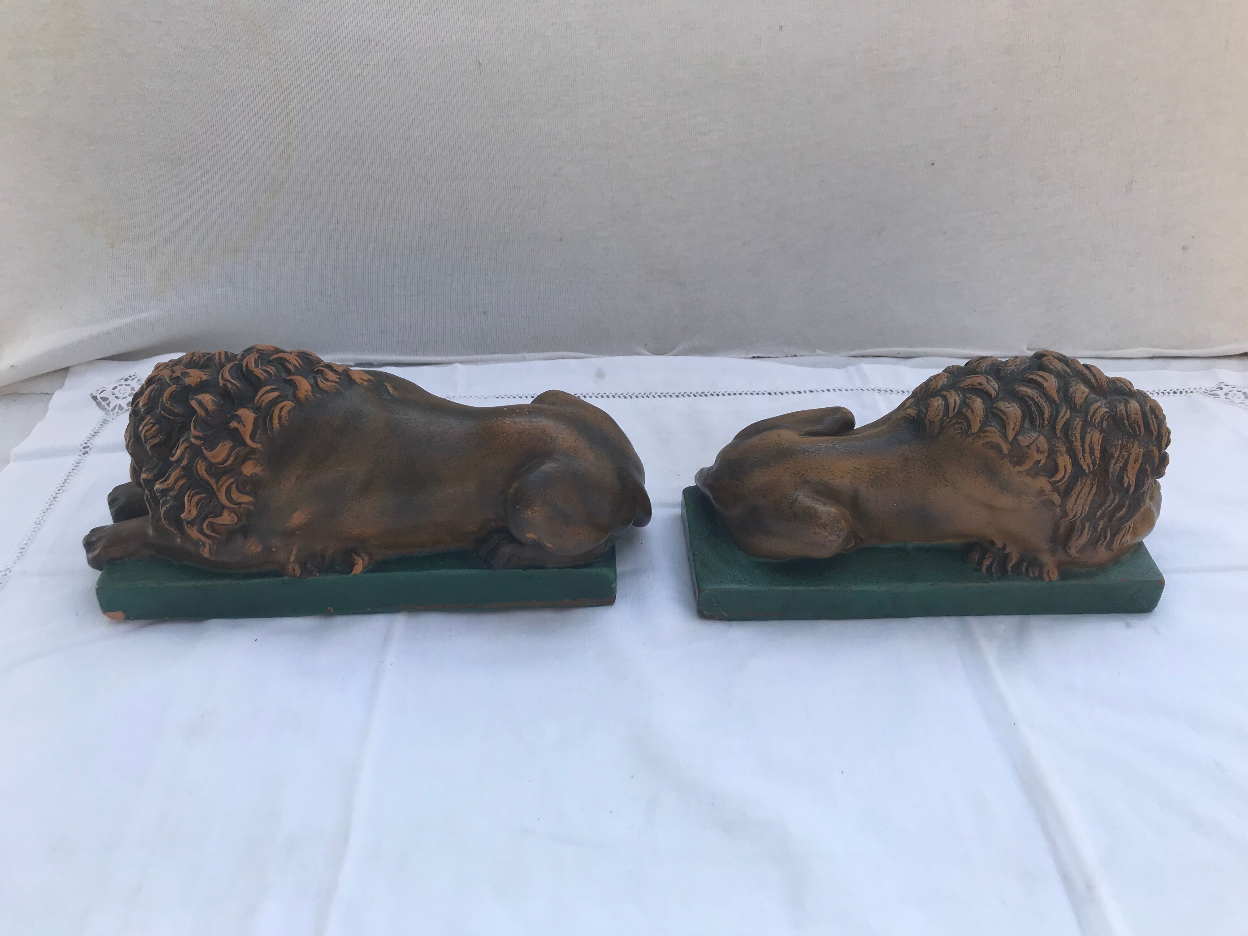 Pair old greenhouse books lions terracotta painted vintage decoration