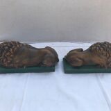 Pair old greenhouse books lions terracotta painted vintage decoration