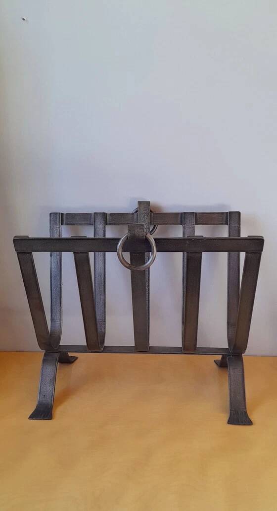 Brutalist Steel Magazine Rack by J. Adnet, 1950.