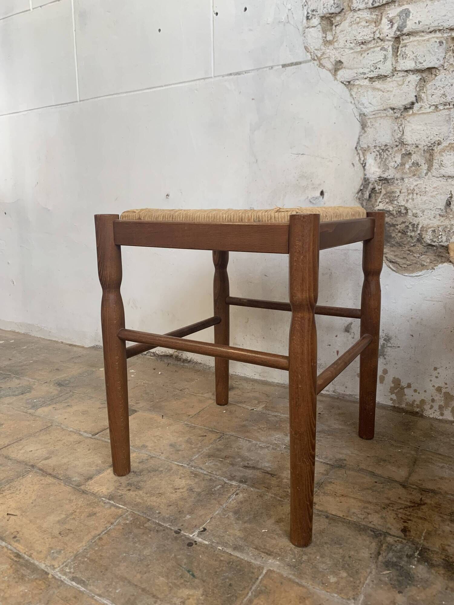 Pair of 20th century wooden stools with straw seats
