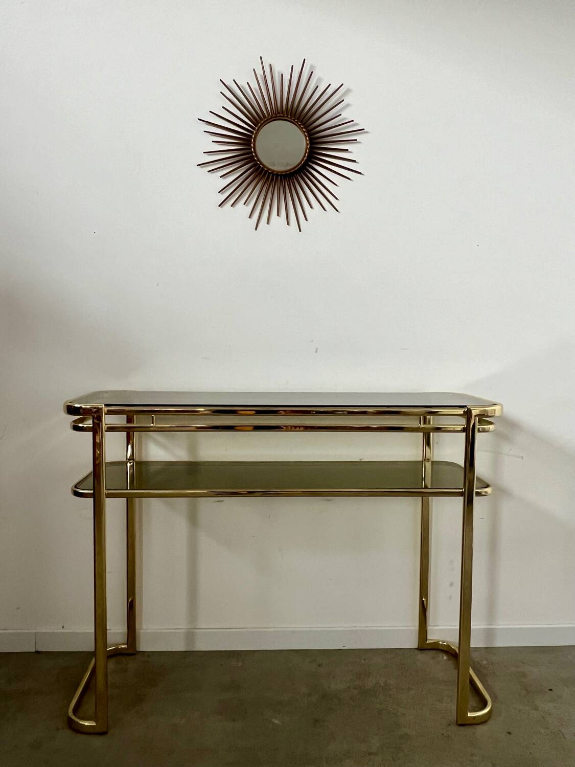 Ancienne console en laiton doré design italien Milo Baughman pour Morex Année 70 vintage