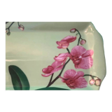 Cake dish with fuchsia orchids