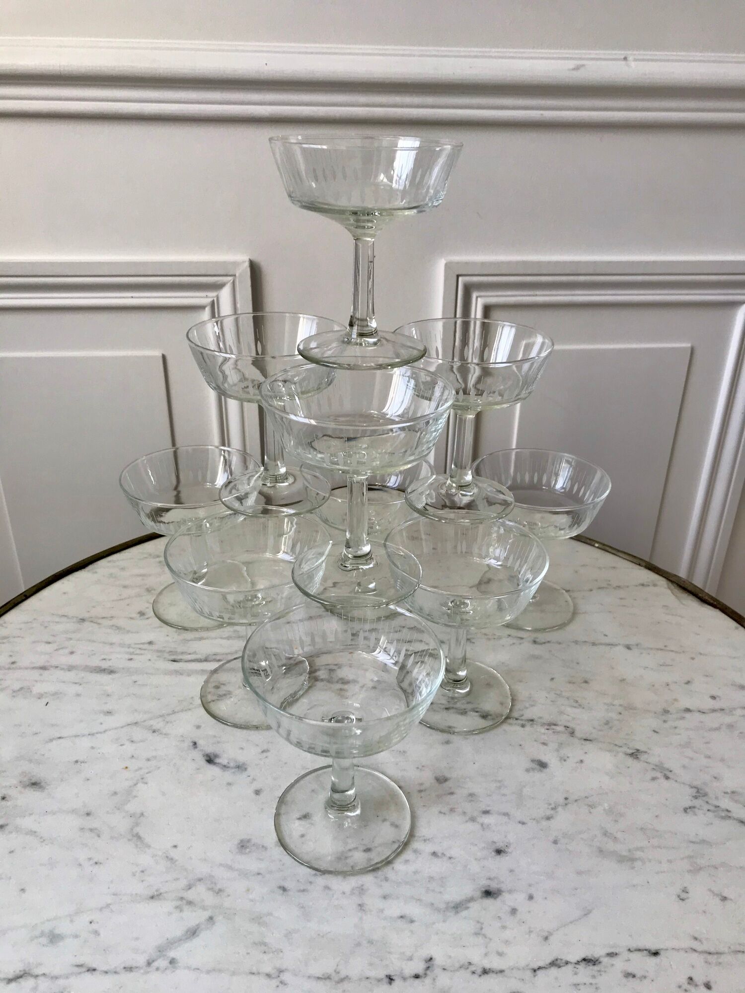 Lot de 10 coupes à champagne en verre cristallin années 50-60