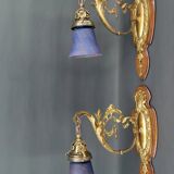 Pair of Rococo / Louis XV wall lights in gilded bronze, walnut bases and glass tulips, France, Circ