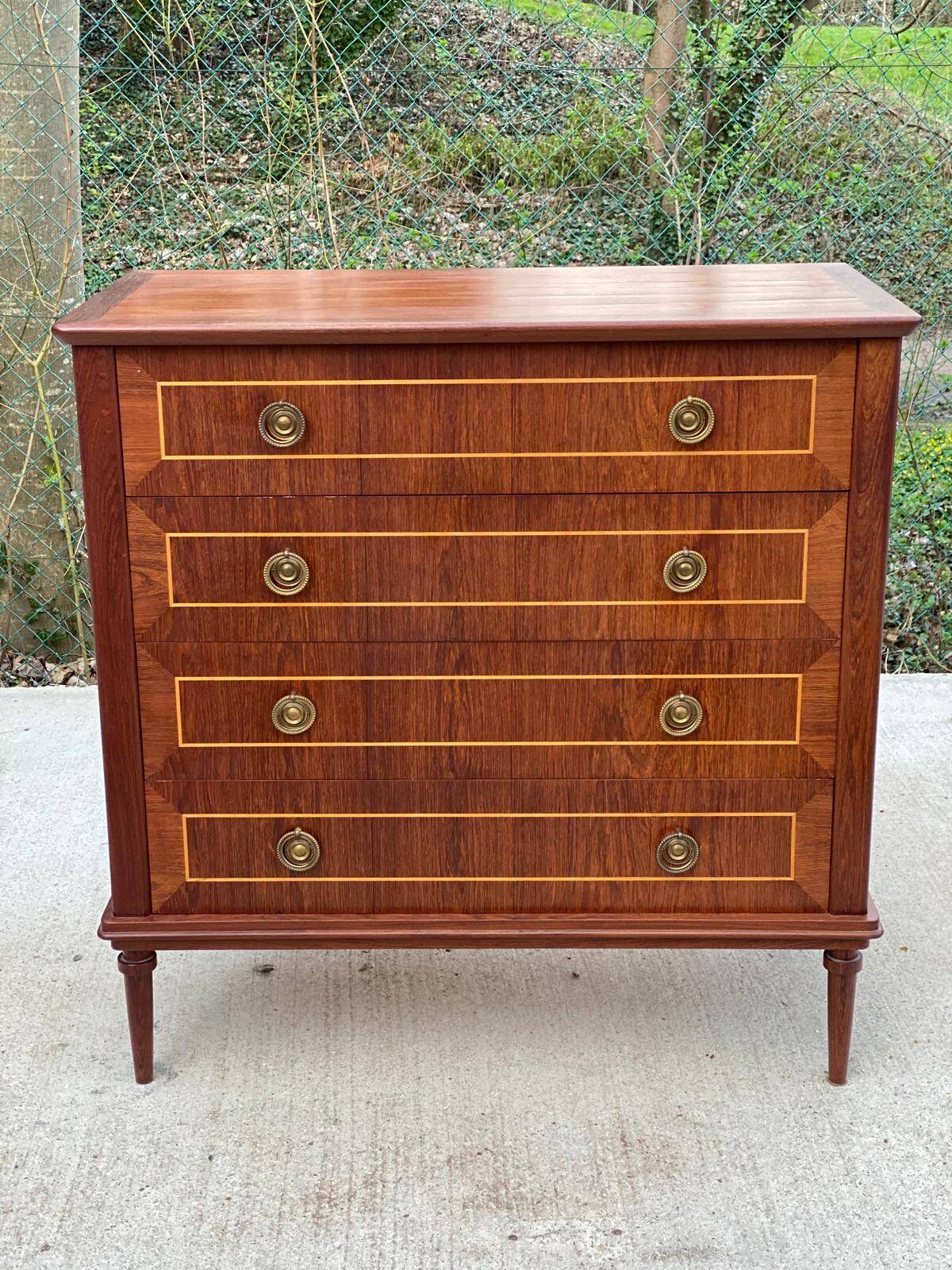 Louis XVI Empire style chest of drawers in solid teak wood with 4 drawers