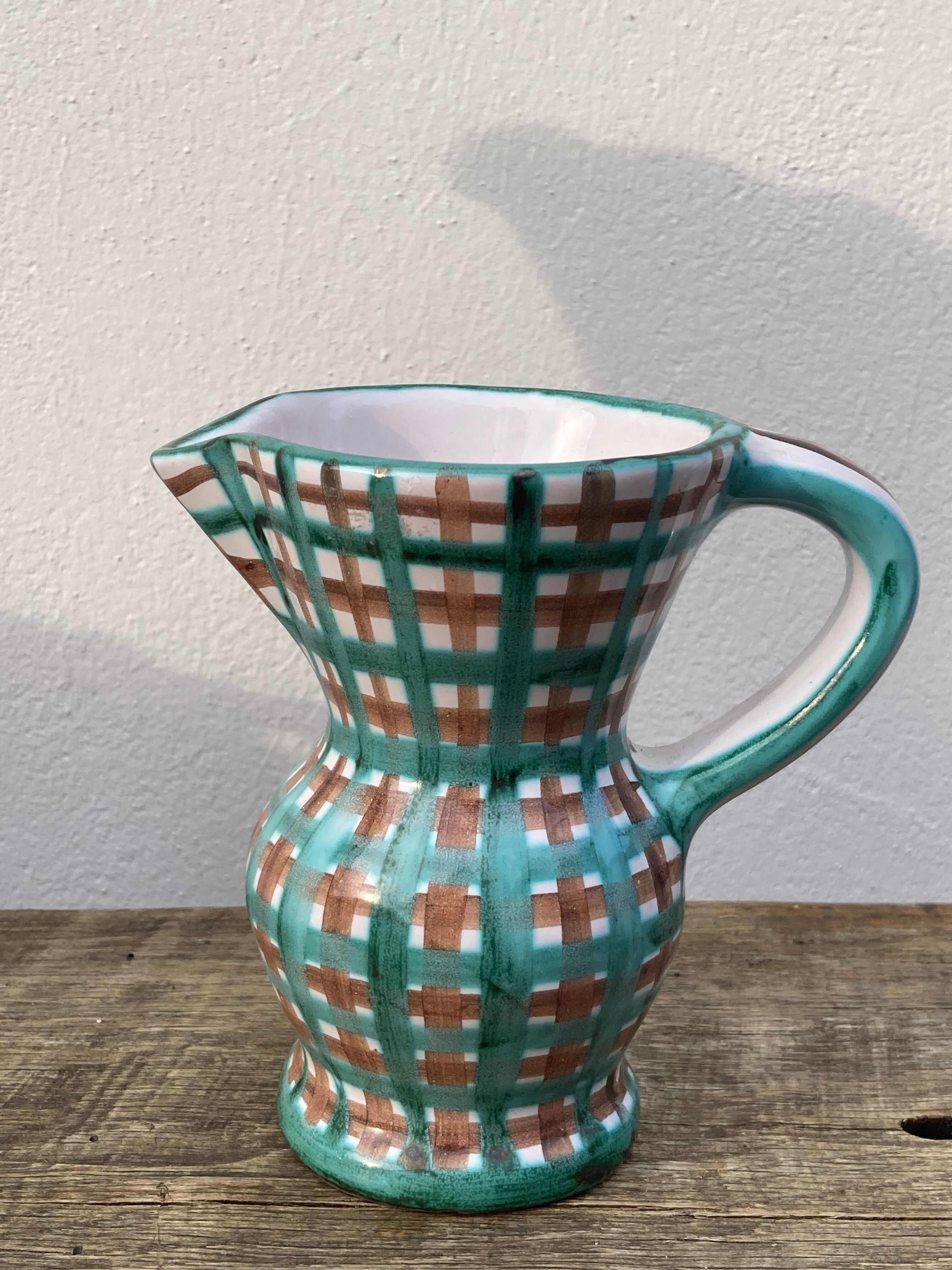 Robert Picault pitcher in green ceramic Vallauris checkered 1960