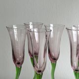 Set of 6 blown glass champagne glasses, green twisted feet