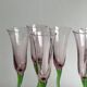 Set of 6 blown glass champagne glasses, green twisted feet