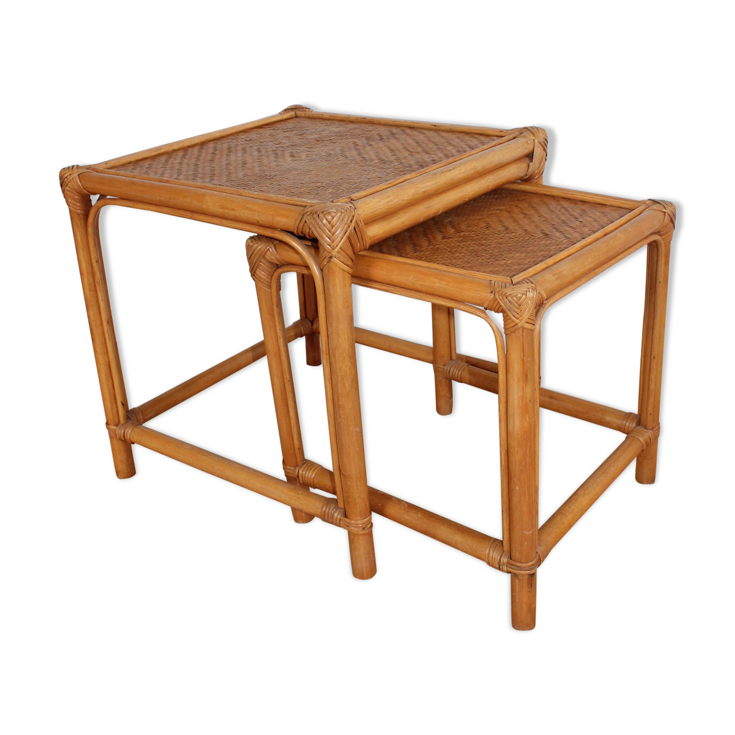 Pair of 70's vintage rattan tables