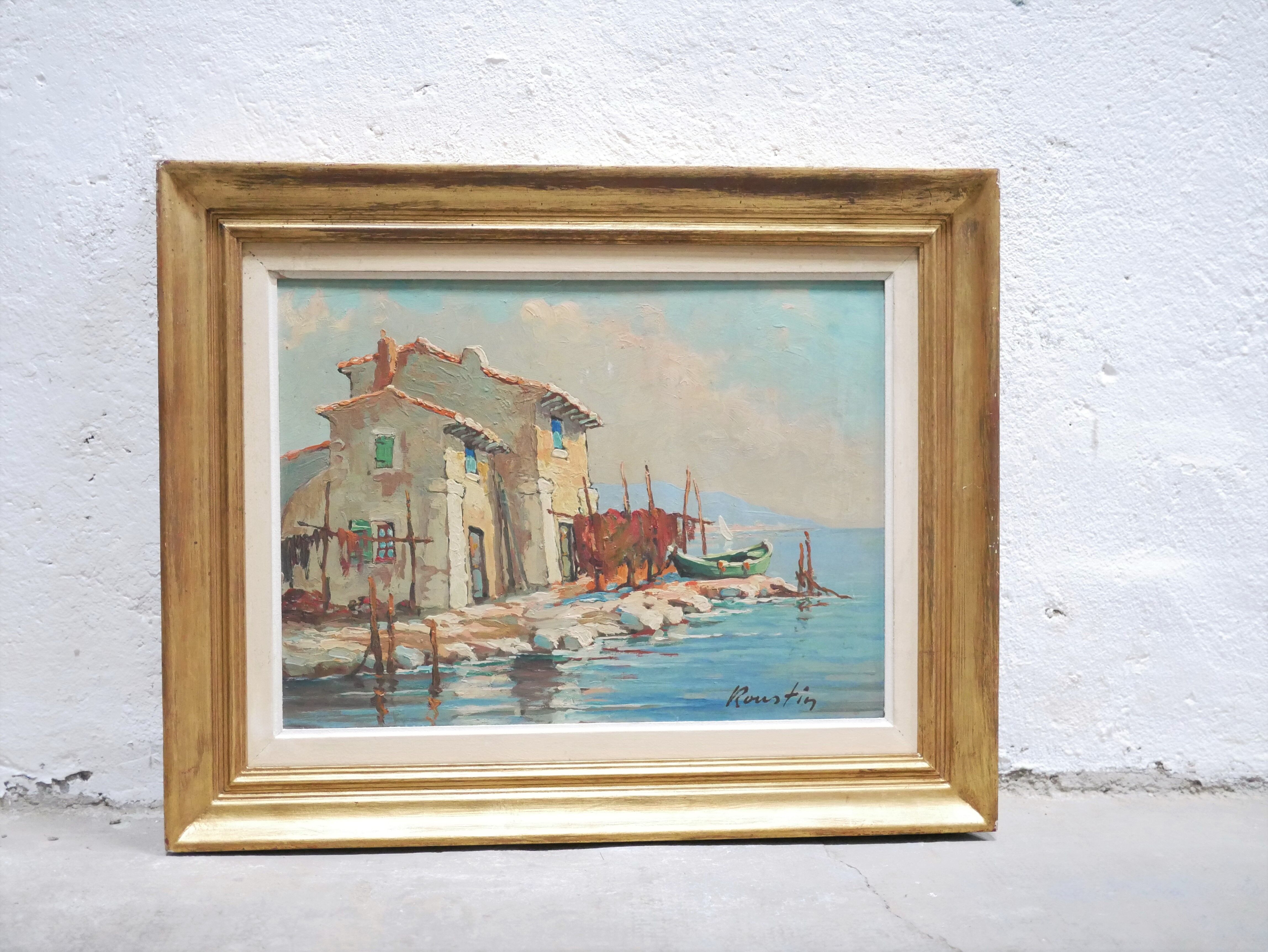 Old painting, oil on panel signed Roustin