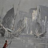 peinture marine voiliers bord de mer en Asie HSP signé
