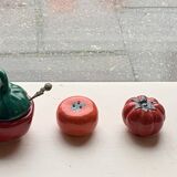 Salt pots and mustard pot, in enameled ceramic, slip, in the shape of a tomato, vintage