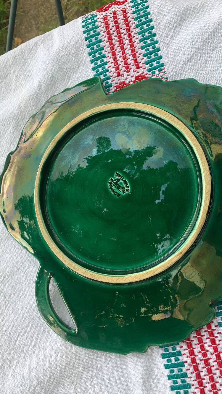 Green enameled ceramic leaf dish, slip, Lunetta vallauris stamps, vintage