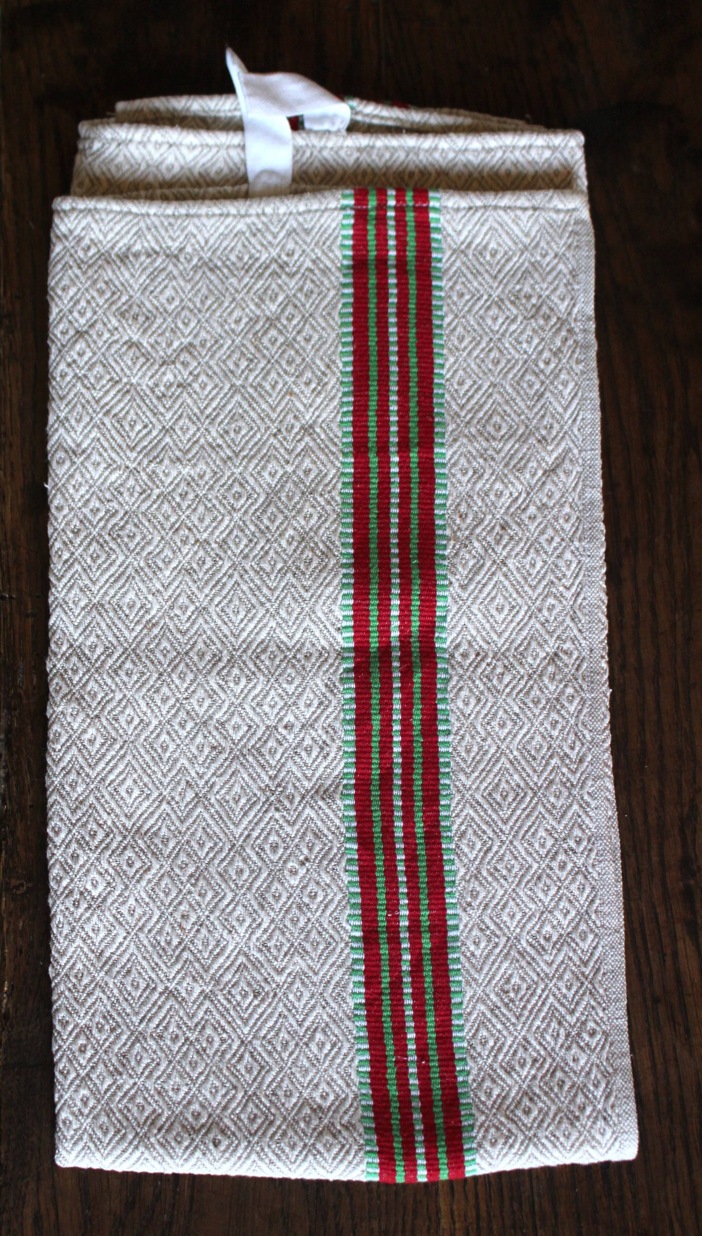 Torchon ancien chevrons bandes rouge vert