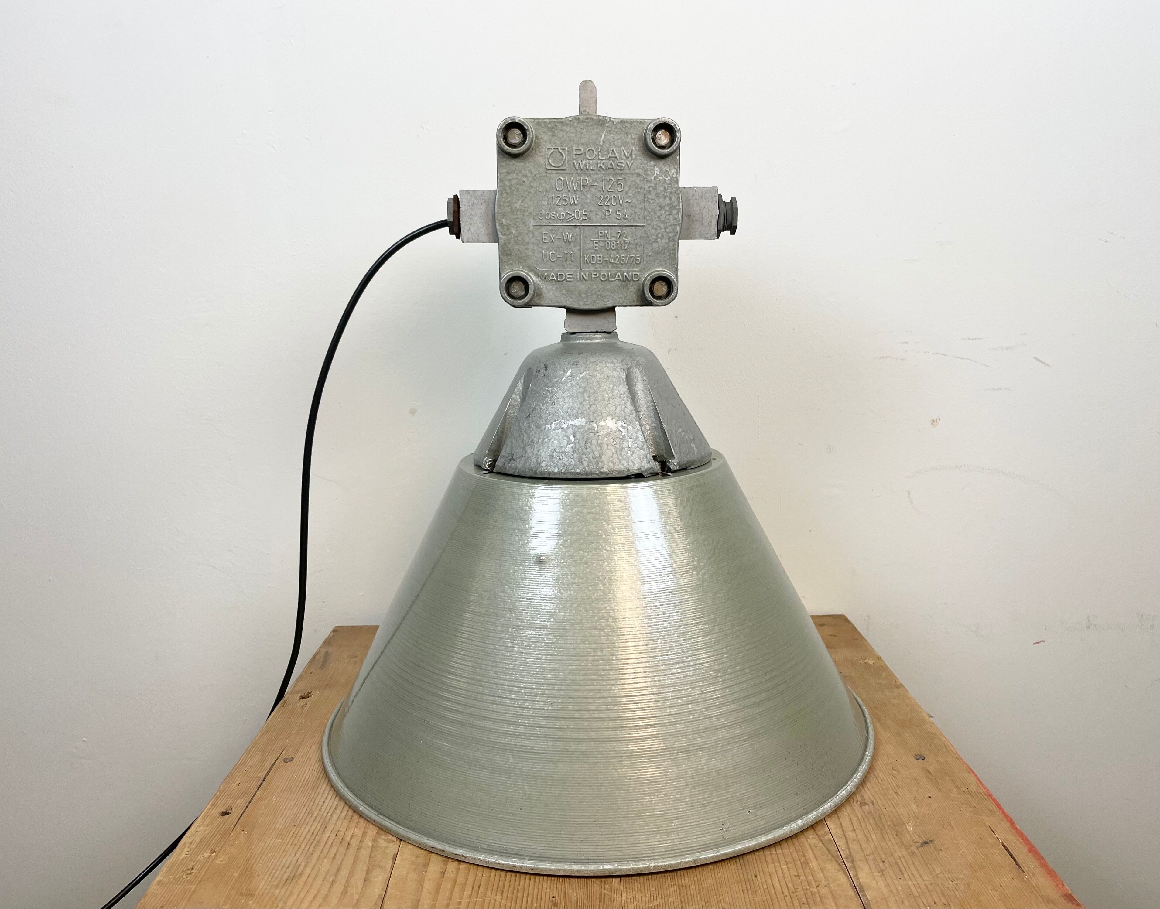 Industrial explosion proof lamp with aluminium shade from polam, 1970s