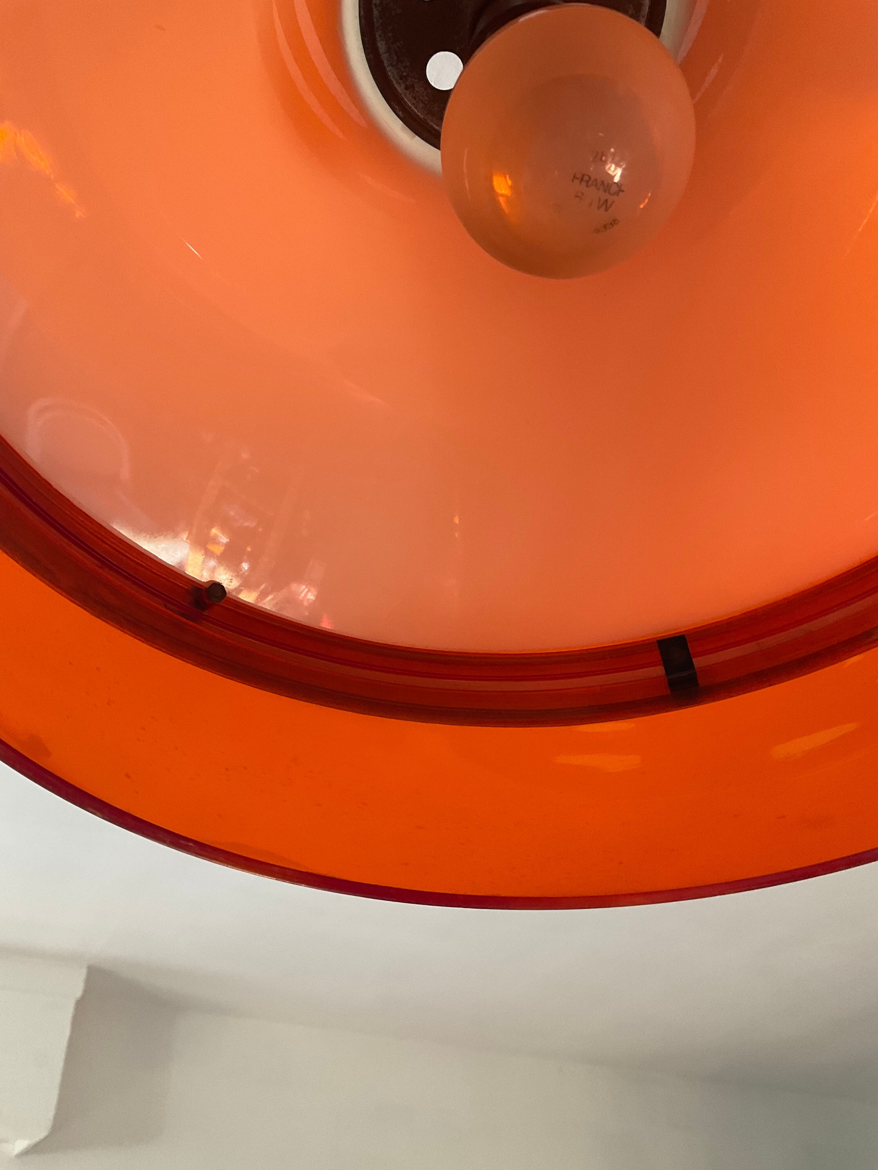 Space age pendant lamp in orange plexiglass and chromed metal