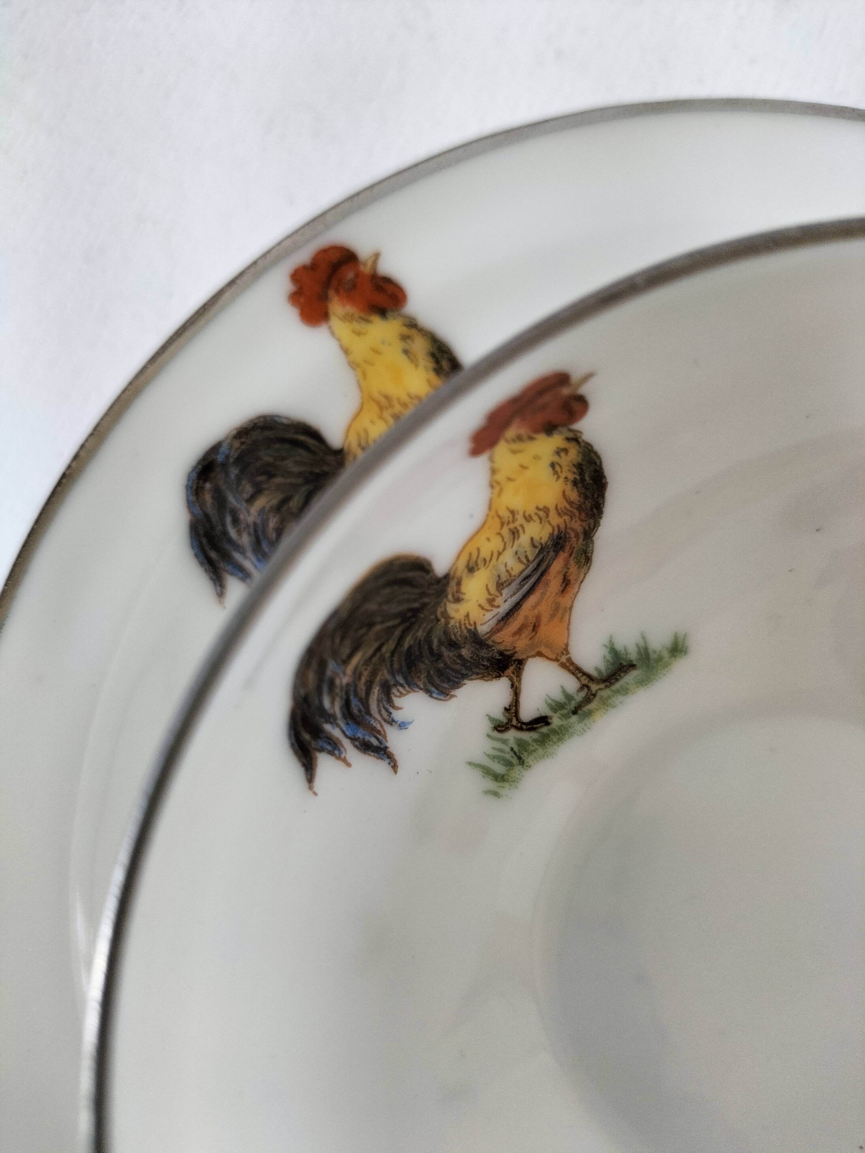 Cup and saucer in porcelain decorated with roosters and hens.