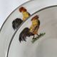 Cup and saucer in porcelain decorated with roosters and hens.