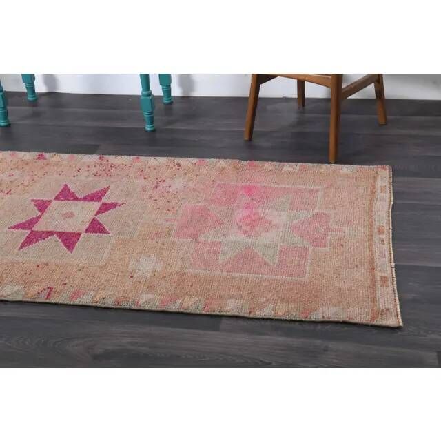 Vintage Turkish Hand-Knotted Wool Cotton Pink Runner Rug 102x300