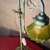 brass lamp with pretty antique patina and opaque green tulip, 58x25