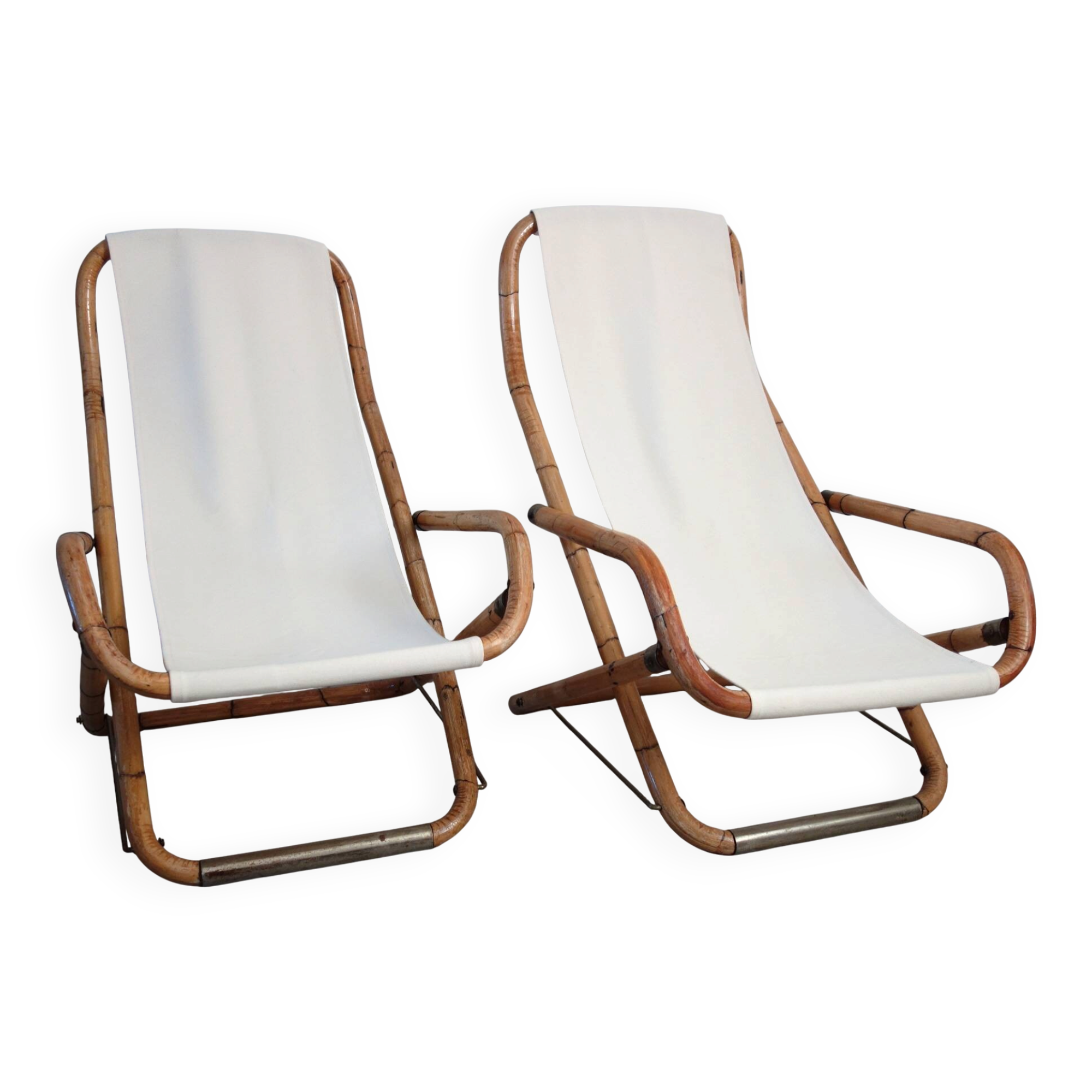Pair of folding bamboo and brass deck chairs, Italy, 1960s.