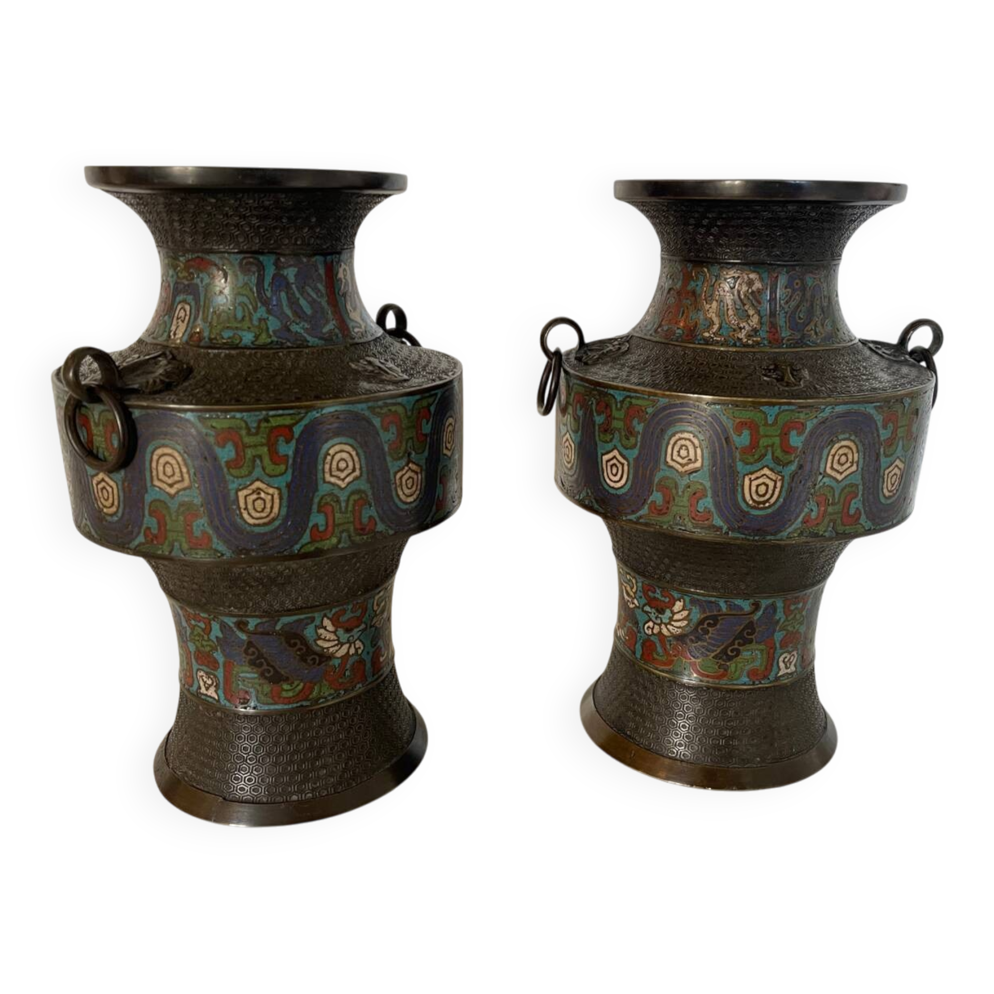 Pair of antique cloisonné bronze vases, China or Japan circa 1900-1930.