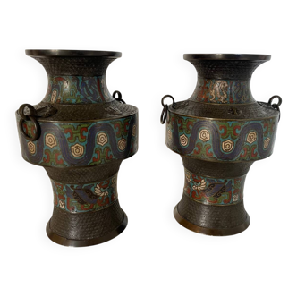 Pair of antique vases - Enamelled bronze China or Japan circa 1900-1930