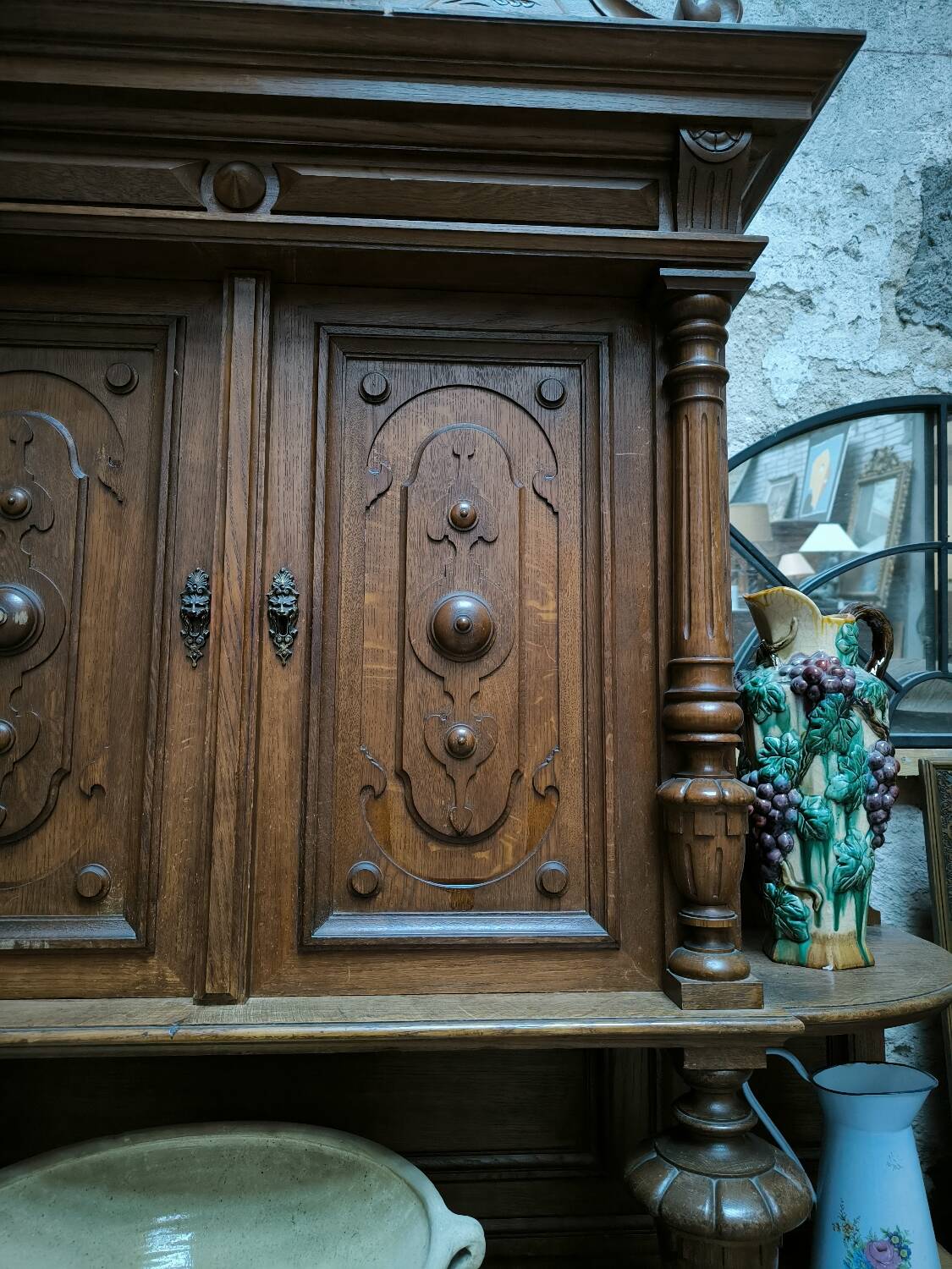 Two-part solid oak buffet circa 1880