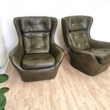 Vintage Dark Green Leather Lounge Armchair: 1970s Scandinavian Style