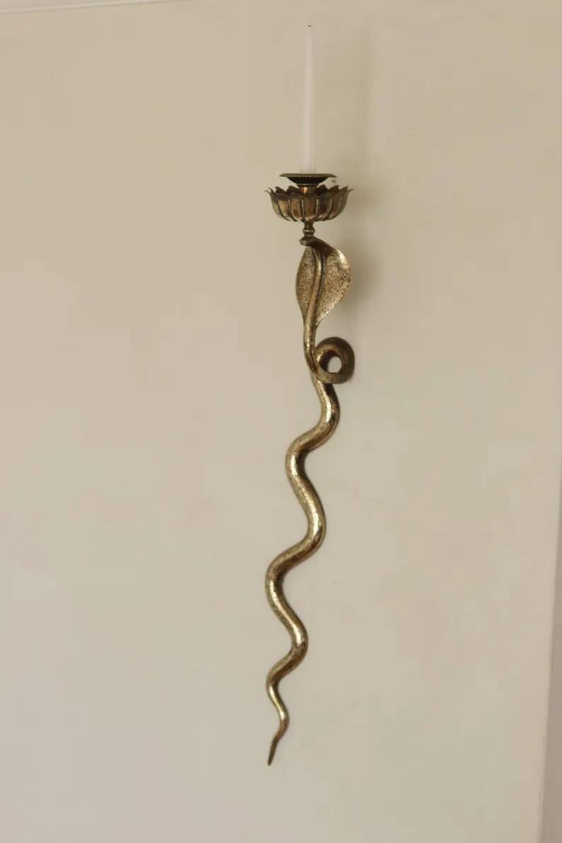 Pair of Neo-Egyptian Style Engraved Brass Wall Sconces Featuring Cobras