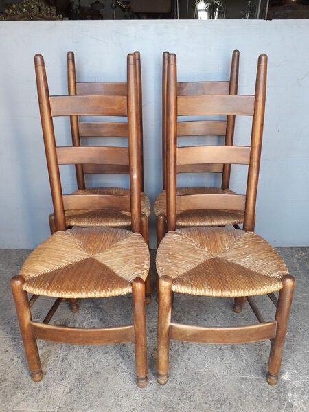 4 modernist chairs design wood and straw era 1960/70