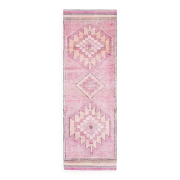 Tapis coureur vintage en laine et coton turc noué à la main rose 91x288