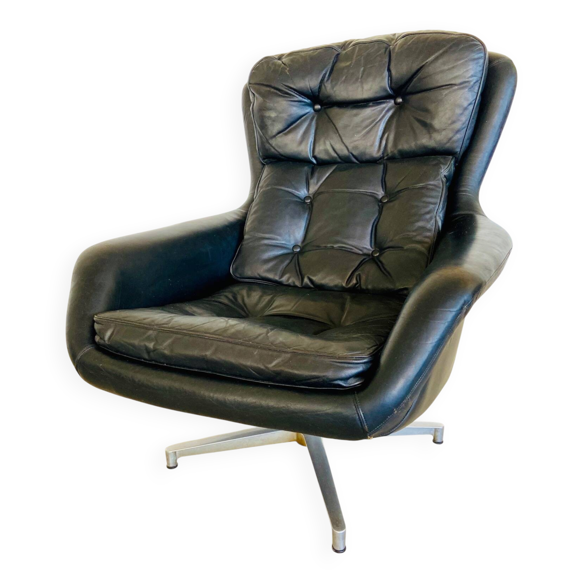 Vintage Danish swivel chair in black leather by Bramin