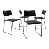 Vintage 1980s dining chairs, set of 4, postmodern design, black metal and plastic, checkered texture, minimal Italian design, retro interior.