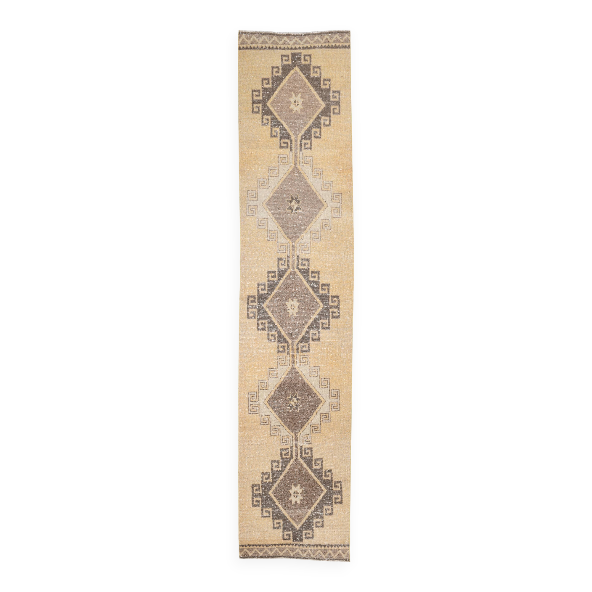 Cream Brown Oriental Turkish Runner Rug, 80x373Cm