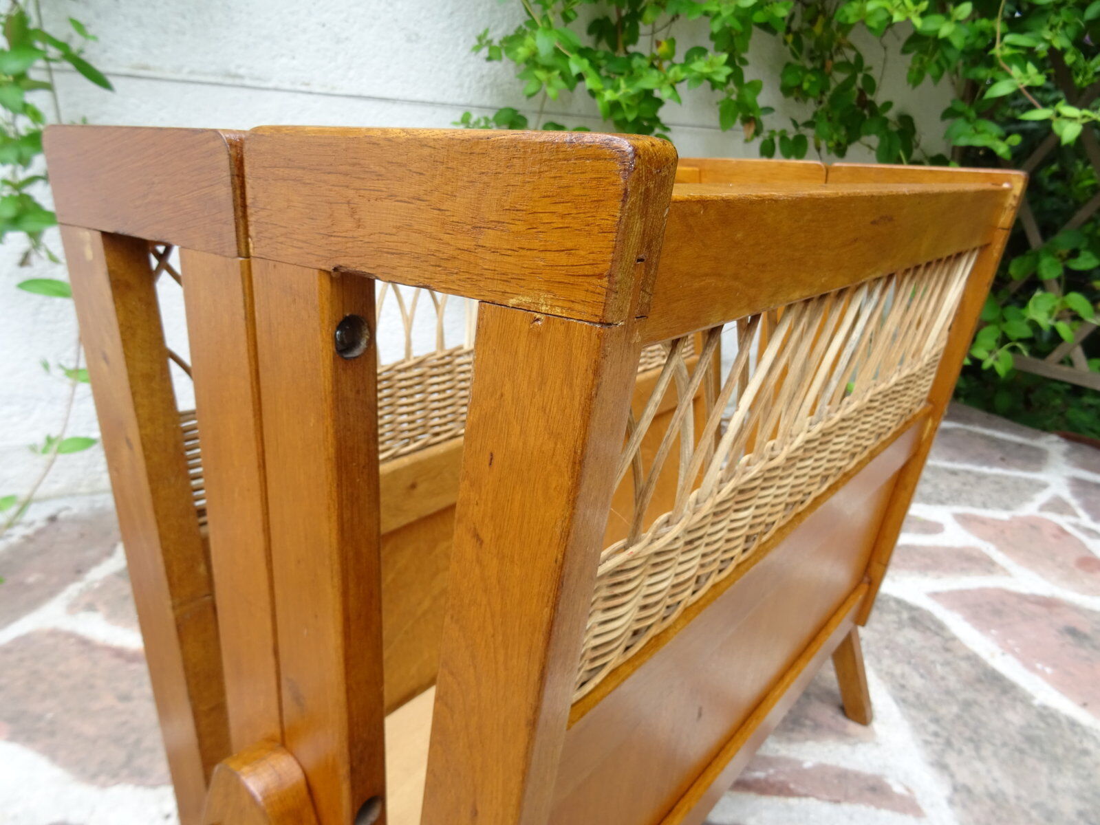Oak and rattan magazine rack