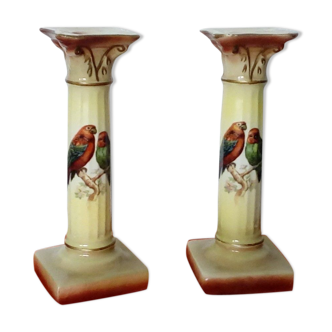 Candlesticks in faience column parakeets