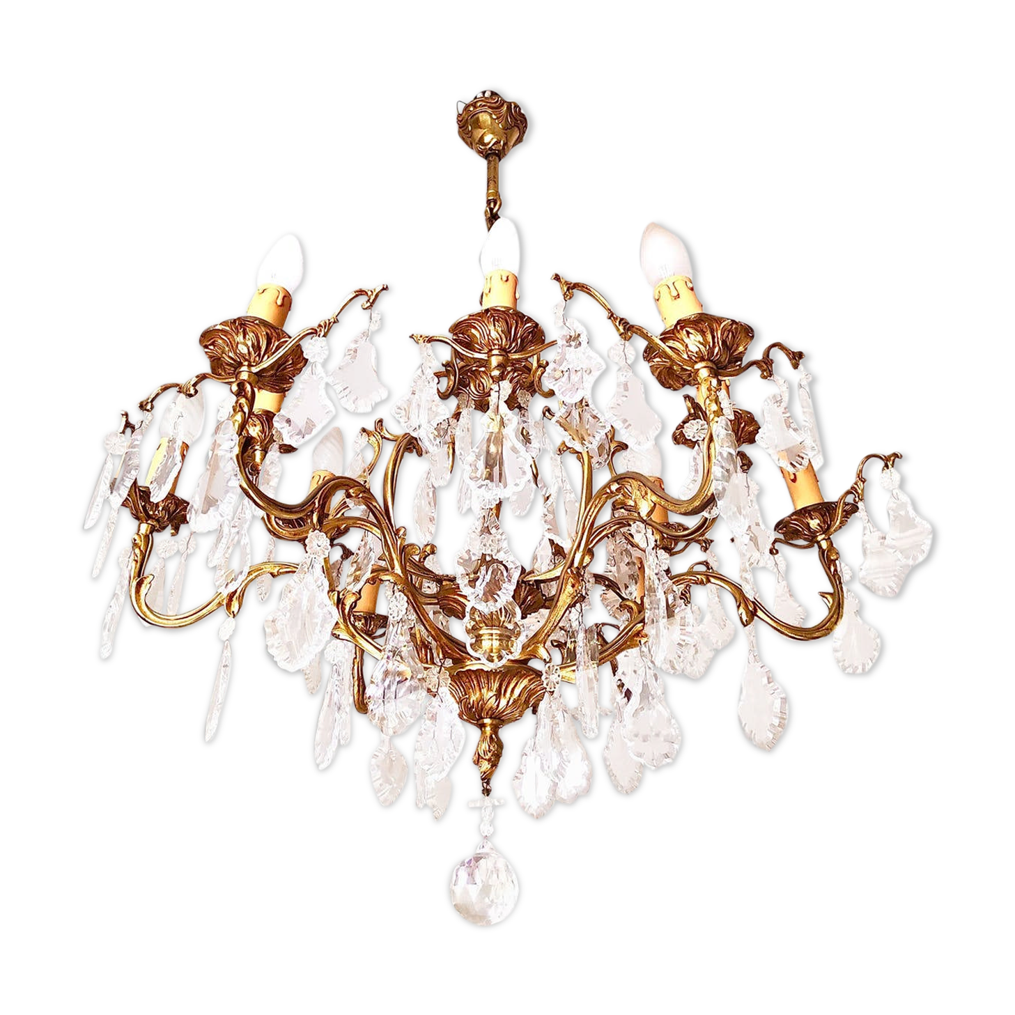 Lustre en bronze à pampilles en cristal ancien