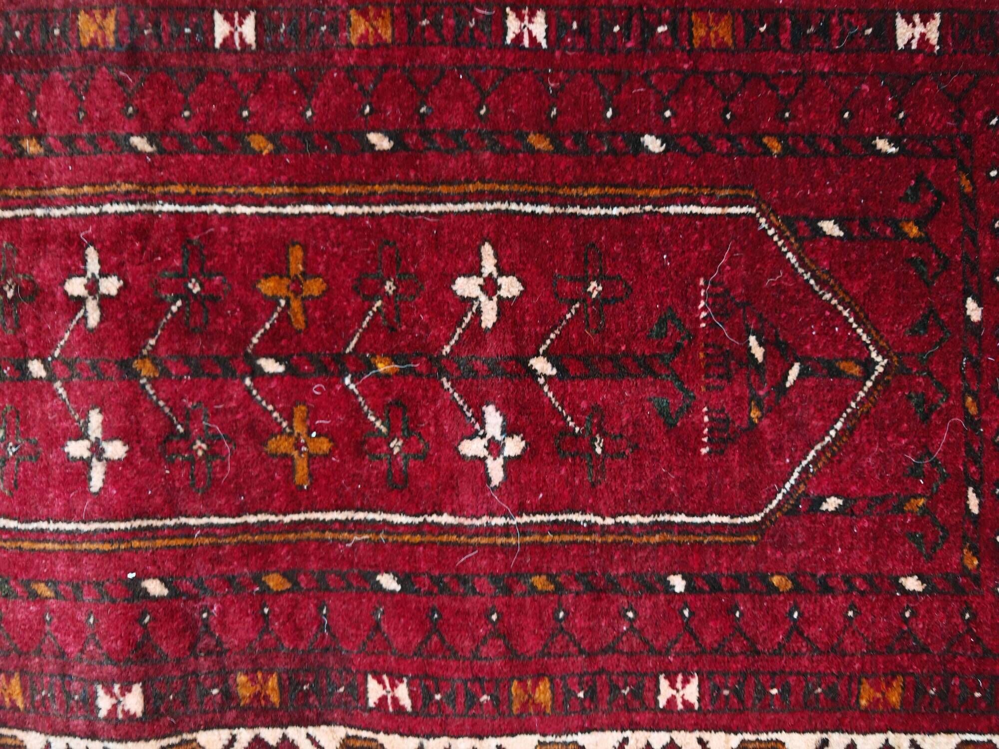 Vintage Afghan tribal prayer rug, hand-knotted from the 1950s.