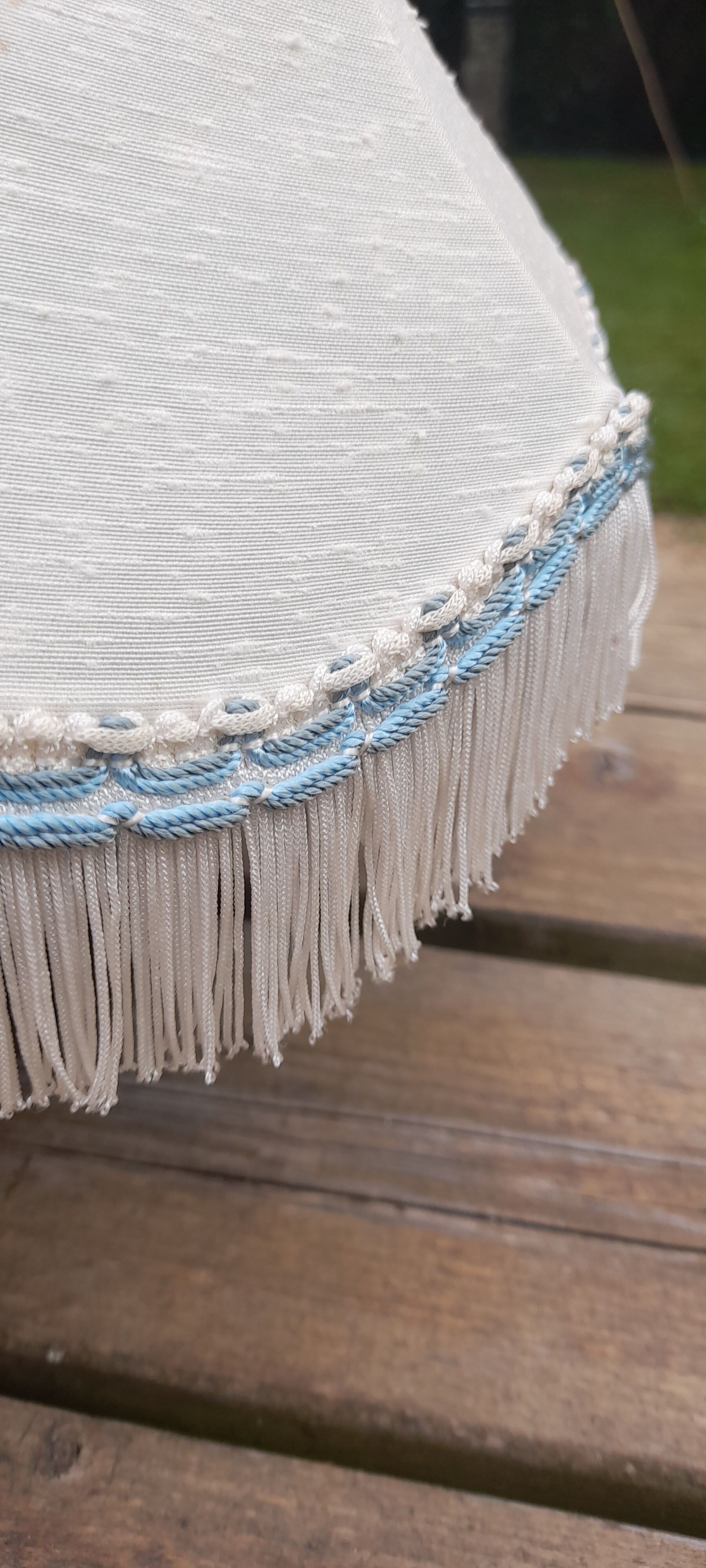 Lampshade pagoda white fabric lined, fringes and blue stripes