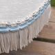 Lampshade pagoda white fabric lined, fringes and blue stripes