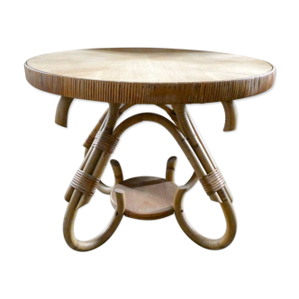 Table basse en rotin, et bois des années 60